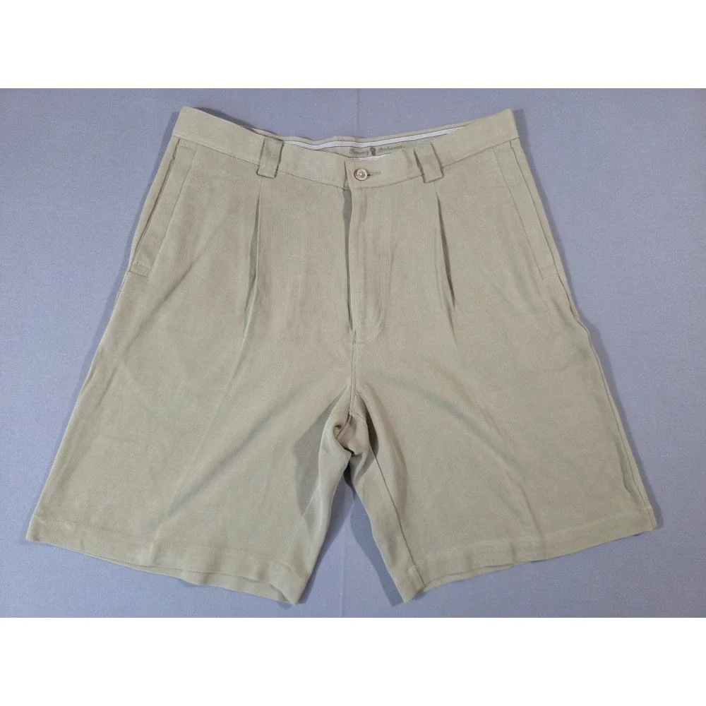 Tommy Bahama Shorts Mens 32 Beige 100% Silk Pleated Dress Tropical Old Money
